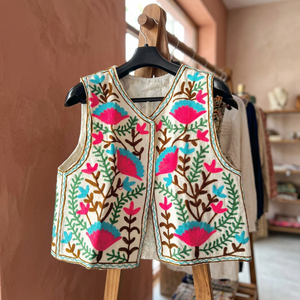 Women's <b>Pink</b> Hand Embroidered Cotton <b>Gilet</b> Casual Top Spring Autumn Plus Size Free Size Outerwear Knitted Fabric Waistcoat - Product Image 3