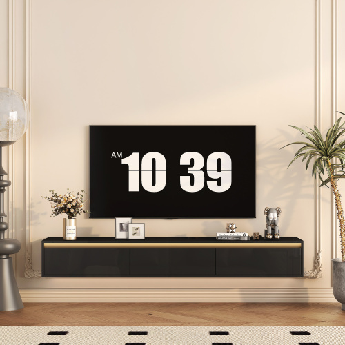 Floating Floor Mount TV Stand TV Table with LED Lights Power Outlet High Gloss Black Wood Adjustable Storage for 65 Living Room