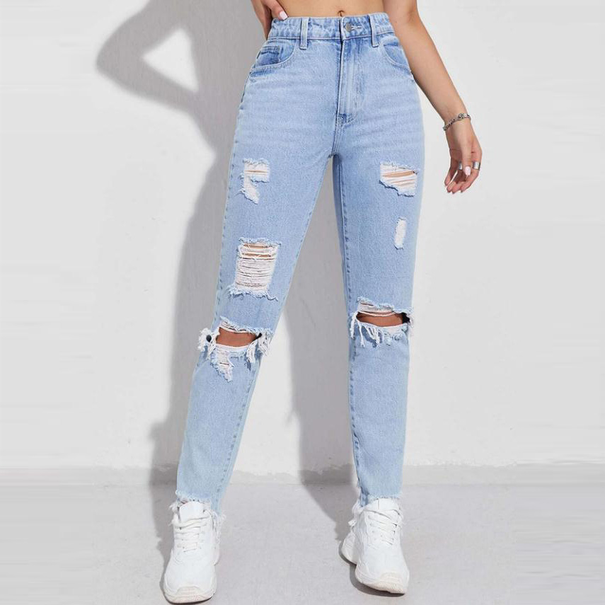 Hot sale summer fashion women denim pants wholesale high quality dongguan custom ripped mom fit high street wear solid jeans