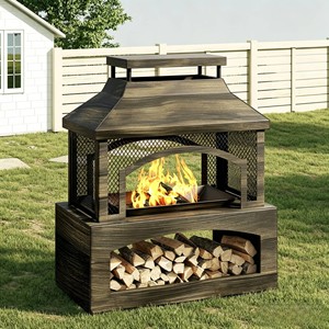 <span class=keywords><strong>Cheminée</strong></span> à bois autonome existante avec rangement pour bois, écran anti-étincelles métallique réglable et sécurisé pour le chauffage de cour et de jardin - Product Image 2