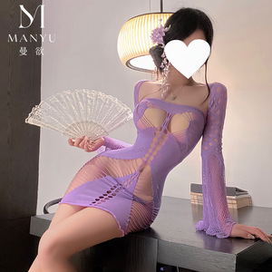 Lencería sexy Man Yu para mujer, conjunto de dos piezas con mangas largas huecas, malla transparente y medias que realzan la cadera W28 - Product Image 3