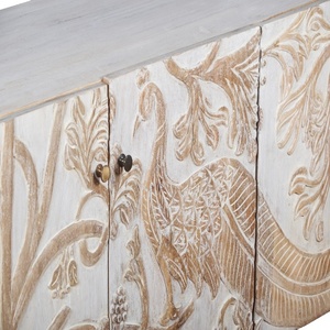 Buffet en bois sculpté à la main avec motif floral |   Console de rangement antique blanchie à la chaux |   Buffet de luxe pour salon et salle à manger - Product Image 5