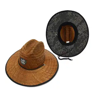 Chapéu de praia com logotipo personalizado de boa qualidade oco com laço estampado aba larga chapéu de sol unissex de ráfia retrátil em feira de verão