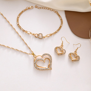 Fashionable Popular Gold Plated Love Heart Diamond Pendant Jewelry Set Double Peach Heart Necklace <strong>Bracelet</strong> Earrings <strong>Combo</strong> - Product Image 3