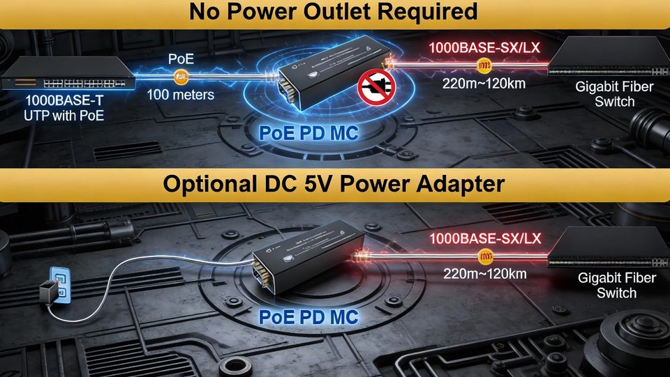 Mini 10/100/1000BASE-T to 100/1000BASE-X SFP Media Converter with PoE Powered Function for Industrial Network