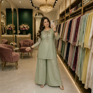 <b>Silk</b> Embroidered Indian Pakistani Set Women <b>Kurta</b> Palazzo Dupatta Wedding Party Outfit - Product Image 1