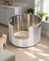 Nouvelle conception, litière ronde en acier inoxydable de haute qualité pour chats de grande taille et multi-chats, avec côtés hauts et pelle, tapis