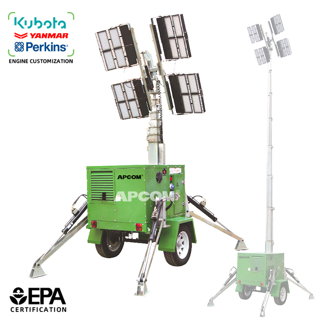 3.6 4.5 5.5 7 7.5 9m Portable Mobile Solar Construction Telescopic Led Light Tower With Kubota Yanmar Perkins Generator 6 8 10KW