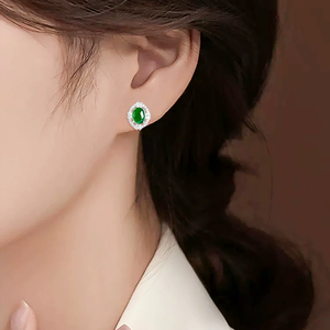Natural genuine A-grade jadeite oval egg-shaped sun-<b>green</b> stud <b>earrings</b>, ice-grade jade, S925 silver setting, women's <b>earrings</b> - Product Image 4
