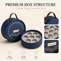 Boîte Cadeau Circulaire Écologique Bleu Marine Gotop avec Poignée en Cuir et Insert en Mousse à Sept Compartiments pour Coffret de Gâteaux de Lune et Cadeaux