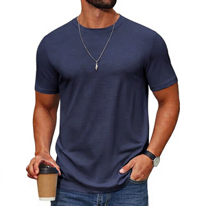 T-shirt pour homme bleu marine à manches courtes, col rond, coupe ajustée, décontracté, tricoté, 100% coton, design uni, tissu jersey respirant - Product Image 1