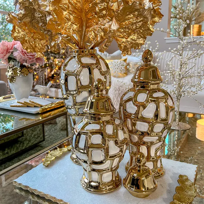 Juego de jarrón de flores de tarro de jengibre de cerámica con tapa perfecto para centros de mesa de boda personalizados porcelana esmaltada galvanizada dorada moderna