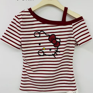 <span class=keywords><strong>T</strong></span>-<span class=keywords><strong>shirt</strong></span> rayé rouge et blanc Y2K pour femme, avec imprimé chat, coupe slim décontractée - Product Image 6