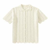 Kemeja Rajut Pria Katun Custom dengan Jahitan Gelombang Terbuka dan Kancing, Warna Ivory, OEM ODM Knitwear