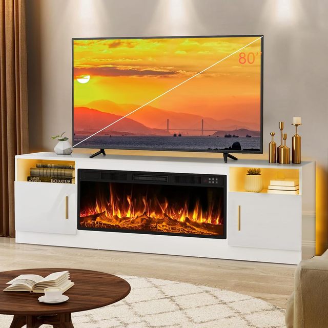 Tri-Tiger Wooden Minimalist Living Room TV Stand 36" Electric Fireplace Fits 80"/70" TVs LED Lit Entertainment Center