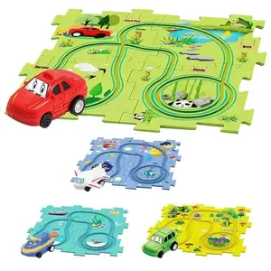 DIY assembly jigsaw sliding track toy mini rail car railroad builder building set kids puzzle track game with electric vehicles