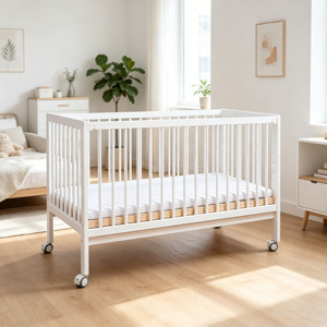 Cuna Moderna de Madera Blanca con Ruedas, Diseño Minimalista para Bebés de 0 a 3 Años, Muebles para Cuarto Infantil - Product Image 3