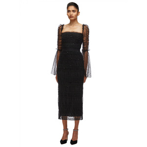 Vestido largo informal de gasa con <span class=keywords><strong>lentejuelas</strong></span> para <span class=keywords><strong>mujer</strong></span>, falda larga de gasa con cuello cuadrado y manga larga en color negro, estilo europeo y americano, 2022 - Product Image 3