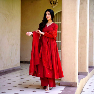 <b>Women</b> Red V-Neck Traditional Heavy Roman Silk Quick Dry Loose Fit Multi-Season <b>Kurta</b> Set Dupatta Ankle-Length Indian Pakistani - Product Image 1