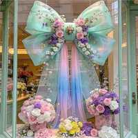 Lentevitrine kunstbloemen strikdecoraties winkelcentrum winkel visuele merchandising sfeerverhogende bloemstukken