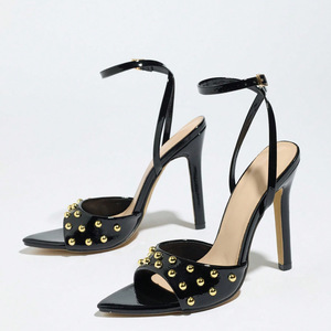 Sandales à talons aiguilles Xuanhui, nouvelle collection été, sexy, à bout pointu, avec clous dorés, bride à la cheville, en cuir verni, talon de 11,5 cm, pour femmes - Product Image 5