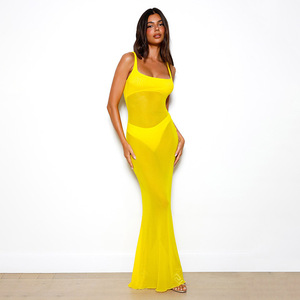 ชุดเดรสยาวทรงเข้ารูปผ้าตาข่ายสีพื้น <span class=keywords><strong>คอ</strong></span>เห<span class=keywords><strong>ล</strong></span>ี่ยม สไตล์เซ็กซี่แบบสาวเปรี้ยว สำหรับฤดูร้อนของผู้หญิงยุโรปและอเมริกา - Product Image 4