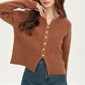 <span class=keywords><strong>Cardigan</strong></span> da Donna in Maglia a Coste Color <span class=keywords><strong>Cammello</strong></span> con Bottoni Rotondi - Top Corto Comodo per Uso Quotidiano - Product Image 3