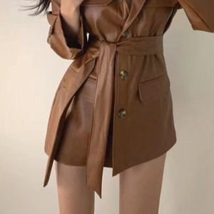 Manteau <span class=keywords><strong>trench</strong></span> en similicuir PU pour femme, ceinturé, col pointu, poches à rabat, manches longues, style urbain - Product Image 6