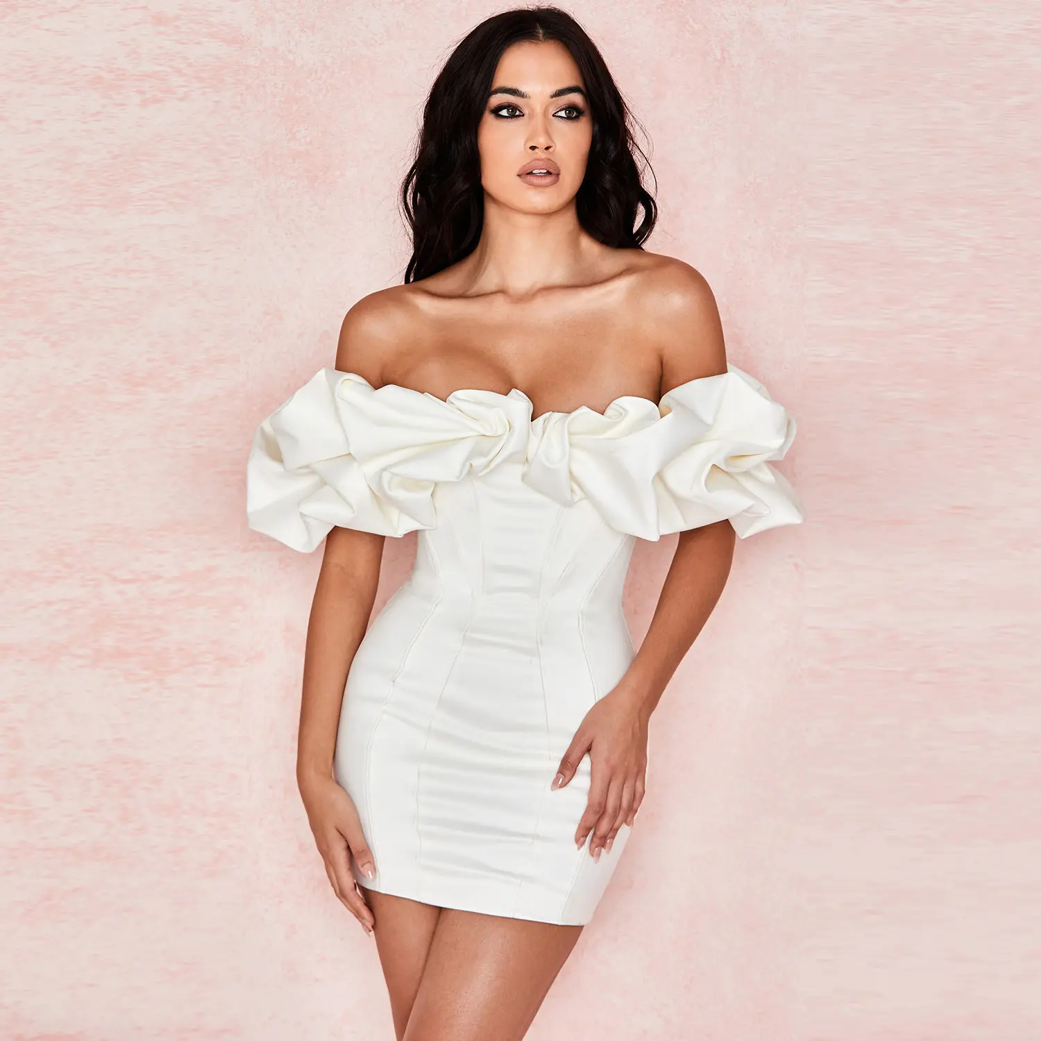 Ruffle off shoulder tube top halter dress ladies white sexy club party gown