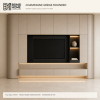 Meuble TV moderne de luxe léger en bois massif, unité murale TV arrondie avec centre de rangement multimédia gris champagne pour villa OEM