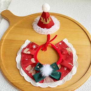 Topi Natal hewan peliharaan merah dan hijau, setelan Natal kerah leher anjing dan topi hewan peliharaan - Product Image 6