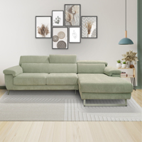 BRADLEY MOD. Canapé d'angle pour salon avec banquette coulissante à droite, en forme de L, moderne, convertible, structure métallique, tissu vert aqua