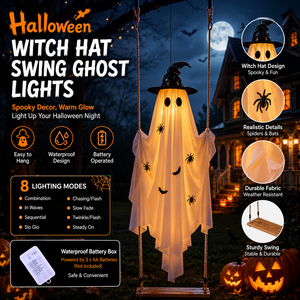 Lumières fantômes suspendues en forme de chapeau de sorcière d'Halloween, décorations lumineuses fantômes à piles, imperméables, décorations d'Halloween - Product Image 1