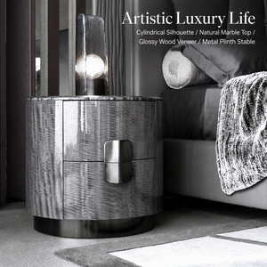 Mesa de Noche Moderna de Lujo con Cubierta de Mármol Cilíndrica y Cajón de Almacenamiento con Chapa de Madera, Mueble de Diseño para Villa - Product Image 1