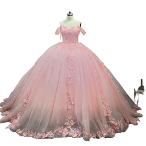 Vestido de Quinceañera Rosa con Hombros Descubiertos, Encaje Floral 3D, Corsé de Corazón, Tul, Estilo Princesa, para Boda, Fiesta de 16 Años, Gala Formal - Product Image 3