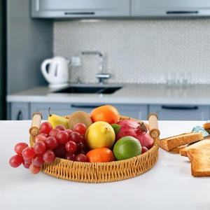 Natural Hand Rattan Serving Tray Round Woven Serving <b>Basket</b> with Handles for Coffee <b>Table</b> Decor, Bread - Product Image 6