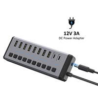 Hub USB-C multiport 10-en-1, vitesse 10 Gbit/s, interrupteurs individuels marche/arrêt, répartiteur USB alimenté 36 W pour ordinateur portable, ordinateur de bureau, tablette