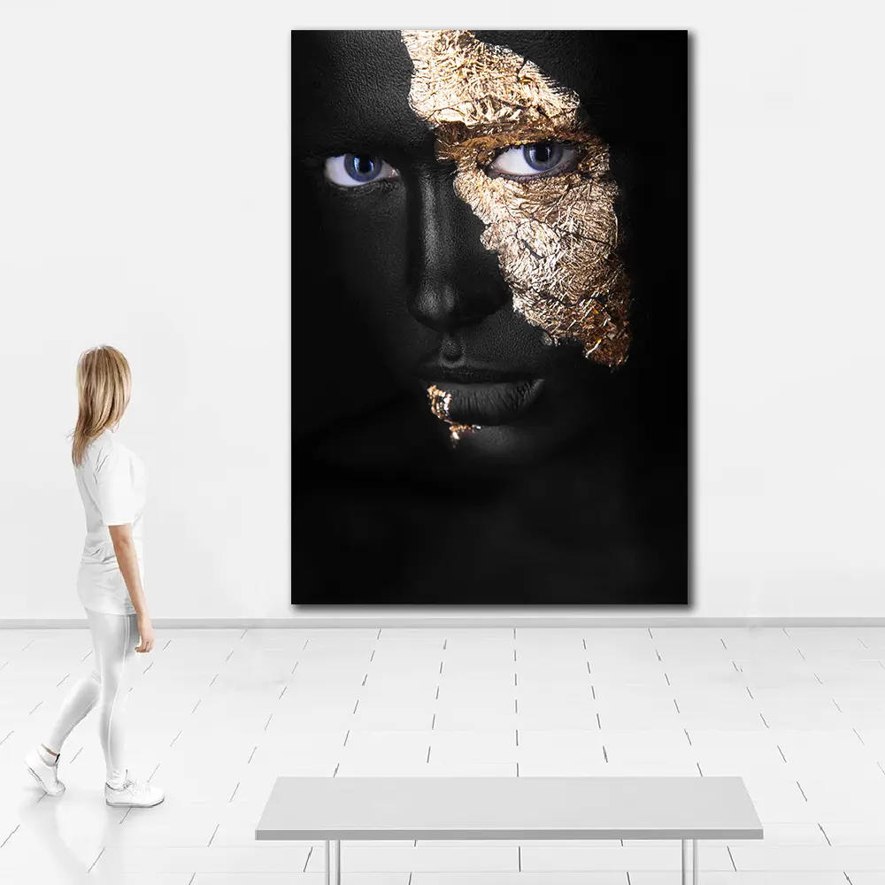 Print Gold Foil Face Art Painting Pop Graphics Large Format Wall Art Canvas Portrait Poster Painting Art on Canvas or Glass