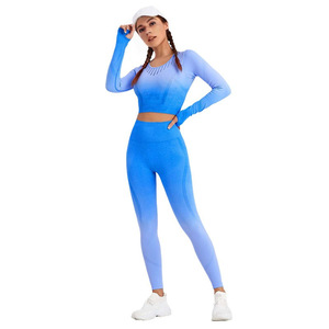 Ensemble 2 pièces haut de gamme pour femme, veste de yoga à manches longues et legging de fitness à séchage rapide, avec <span class=keywords><strong>dégradé</strong></span> personnalisé en usine, pour la course à pied, modèle explosif - Product Image 3