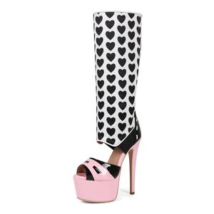 Stivali al ginocchio da donna con tacco alto 15 cm e plateau, neri e <span class=keywords><strong>bianchi</strong></span> con stampa <span class=keywords><strong>a</strong></span> cuore, scarpe da pole dance con tacco <span class=keywords><strong>a</strong></span> <span class=keywords><strong>spillo</strong></span> e punta aperta - Product Image 1