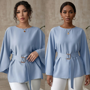 Camicetta <span class=keywords><strong>Elegante</strong></span> da <span class=keywords><strong>Donna</strong></span> con Collo Rotondo, Maniche a 3/4, in Raso Intrecciato Traspirante, con Cintura in Vita, Vestibilità Ampia, per Ufficio, in Chiffon - Product Image 2