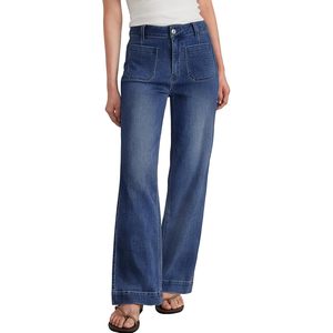 Jeans de pierna ancha para mujer, pantalones vaqueros elásticos de cintura alta y pierna recta con bolsillos para uso informal - Product Image 1