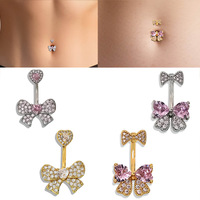 Perhiasan Cincin Pusar Baja Anti Karat Berlapis Emas 18k dengan Zirkonia Pink, Grosir Cincin Pusar Wanita, Aksesoris Tindik