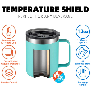 ספל קפה מבודד מנירוסטה 12 אונקיות/14 אונקיות, דופן כפולה, מבודד בוואקום, עם ידית ומכסה. - Product Image 2