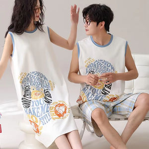 Verano hombres PJ mujeres pijamas a juego parejas vestido de noche para Pijama Femme E Homme <span class=keywords><strong>Coton</strong></span> sin manga pareja pijamas conjuntos - Product Image 4