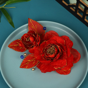 24 nouvelles pinces à cheveux et coiffes Hanfu originales, faites à la main, ornées d'éléments dorés, motif pivoine rouge foncé - Product Image 4