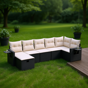 Conjunto de Sofá de Jardín Negro, Muebles de Ratán para Exteriores con Cojines Impermeables, Diseño Contemporáneo - Product Image 2
