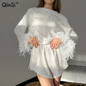QINSI, ropa de dormir de algodón con plumas de Invierno para mujer, pantalones cortos de manga larga de lujo, conjunto de 2 piezas, pijamas para mujer, conjunto de ropa de dormir suave para mujer - Product Image 1