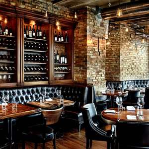 Set di Arredamento Moderno per Caffetteria e Ristorante, Divanetto in Pelle Marrone con Design a Cucitura Classica e Tavoli da Pranzo in Legno Massello - Product Image 1