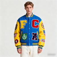Veste universitaire personnalisée avec logo, veste bleue et jaune de style Letterman, broderie de patchs en chenille, veste de baseball personnalisée pour équipe, fabricant OEM